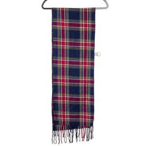 Plaid Rectangular Scarf Fringe 66"x12" Knit Blue Red Yellow Acrylic Grammacore